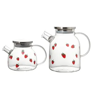 Bouilloire en verre pratique aux fraises, ensemble de bouilloire à froid de grande capacité résistant aux hautes températures, ensemble d'eau transparente, pot à jus, théière, fleur