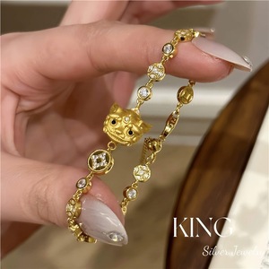 Sterling Silver Pixiu <b>Bracelet</b> Gold Plated Animal Zodiac Brown Cord Everyday Wear Unisex Jewelry - Product Image 3