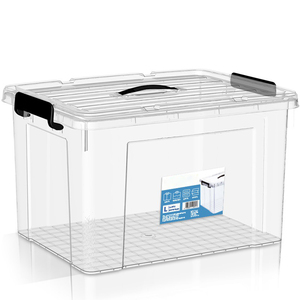 Stackable plastic clear storage bin tote organizing container with durable lid and secure latching buckles