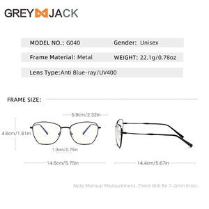 Lunettes d'ordinateur anti-lumière bleue Greyjack unisexe, monture en acier inoxydable noir, verres transparents, protection AC, été 2025 G040 - Product Image 4
