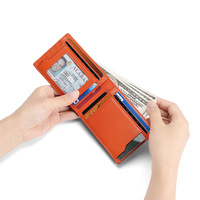 Minibook dompet uang ramping pria, klip uang lipat dua pemblokir RFID untuk pria dengan jendela ID