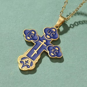 Collar con Colgante de Cruz Ortodoxa Rusa Cristiana, Vintage, Plateado, Dorado y Esmaltado, para Joyería Unisex - Product Image 3