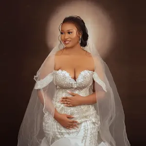 Robe de mariée sirène de luxe à perles et perles de culture, grande taille, épaules dénudées, blanche, élégante, sur mesure, style <span class=keywords><strong>africain</strong></span> - Product Image 5