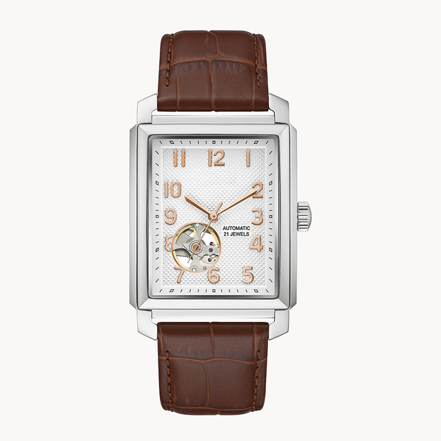 ODM OEM Luxury 38mm Business Skeleton Dial Rectangle Stainless Steel Case Automatic Mechanical Watch