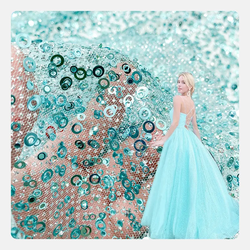 Sequins Tulle Manufacturer in-stock Wholesale 100% Polyester Light Blue Glitter Sequins Tulle Fabric for Evening Dress