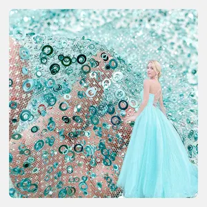 Sequins Tulle Manufacturer In-stock Wholesale 100% Polyester Light Blue Glitter Sequins Tulle Fabric For Evening Dress