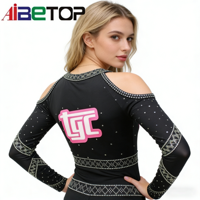 Gaun Sorak-Sorai Model Cold-Shoulder untuk Malam Pertandingan dengan Logo Kustom Gratis |   Pakaian Pertunjukan Slim-Fit Berhias Berlian Imitasi Hitam
