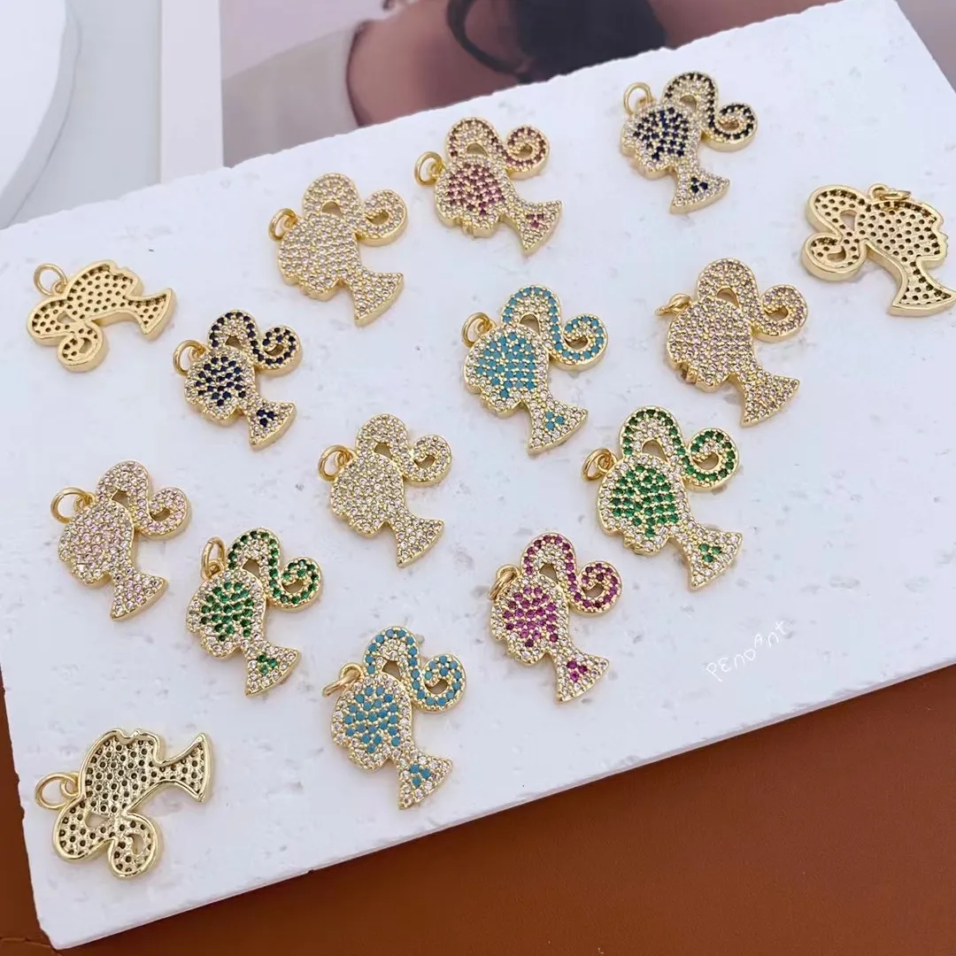 18k barbiee berlian berlapis emas anak perempuan jimat Iced Out Barbie liontin warna-warni Kalung Anting Set cincin perhiasan