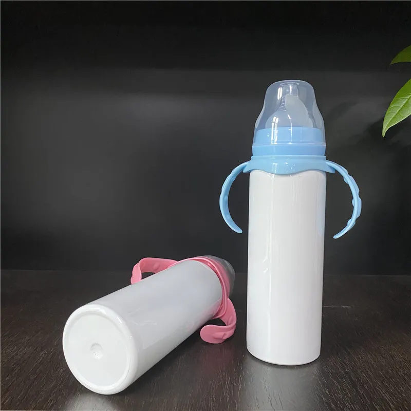 8oz 240ml Isolado a vácuo duplo paredes em branco sublimação mamadeiras com Silicone Médio-Fluxo Mamilo para DIY