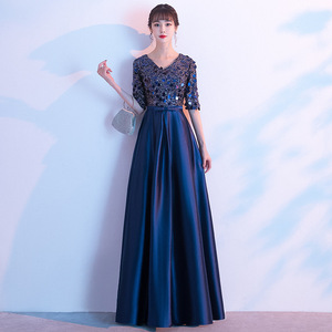 Women's Long Evening Gown V-Neck A-Line <b>Sequined</b> Ballroom Dress For Choir Hosts Gold Champagne Color - Product Image 4
