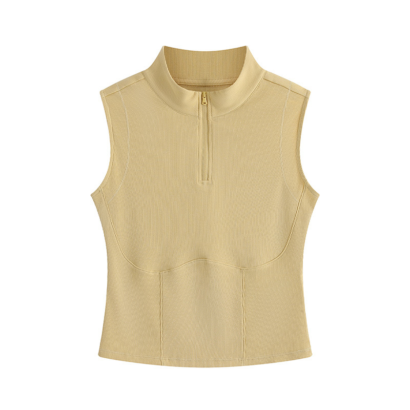 Women's Summer Knitted Cotton Zipper Stand Collar Ribbed Beautiful Back Sports Vest Stretch Sleeveless Inner Wear Yoga Top