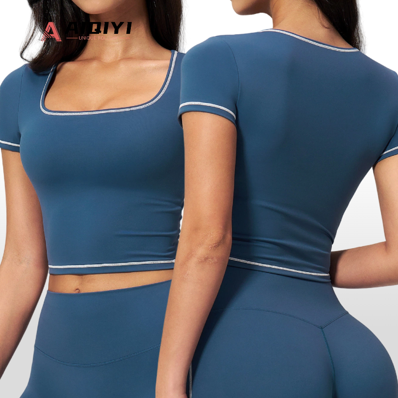 2036 Yoga Short-sleeved Tight-fitting Waist-exposed Color Blocking Outer Wear Sports Quick-drying Running Fitness Top Yoga Tops