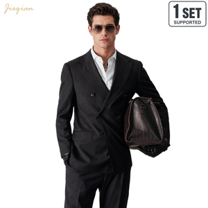 Abito da Uomo su Misura Nero a Righe Sottili |   Smoking da Sposo in Misto Lana Premium a 2 Pezzi |   Abbigliamento Formale Slim Fit per Affari - Product Image 1