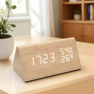 Pantalla Led de carga USB, medidor Digital, reloj despertador de madera, hora, fecha, características de temperatura, Control de voz triangular para el hogar/ - Product Image 1