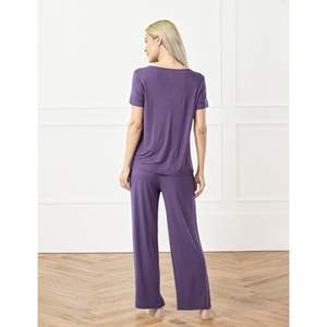 Ensemble de pyjama en viscose de bambou pour femmes, haut à manches courtes avec pantalon, 2 pièces, vêtements de nuit confortables et doux - Product Image 4