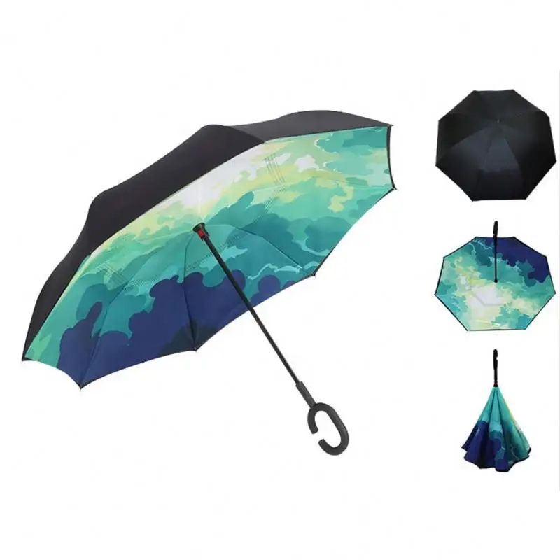 New Creative Custom Printing, Hook C Handle Reverse Umbrella Self-standing Double Layer Magic Windproof Car Inverted/