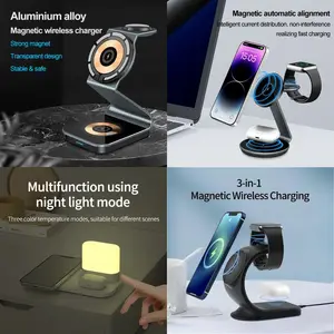 Multiple Wireless Chargers 15W Magnetic Portable Foldable 3 In 1 Desktop Wireless Charger Station For Iphone Iwatch Airpods