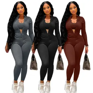 Bestseller 3-teilig Sport gerippter anzug Sets solide Farben U-Ausschnitt Weste einfarbig Hoodie und Jogger-Sweatpants-Set