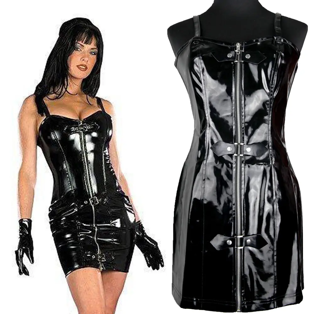 Pvc Sexy Lederen Zip Club Party Wear Party Kleding Fetish Kostuums Jurken Lingerie Vrouwen Erotische Mini Sling Jurk Voor Vrouwen