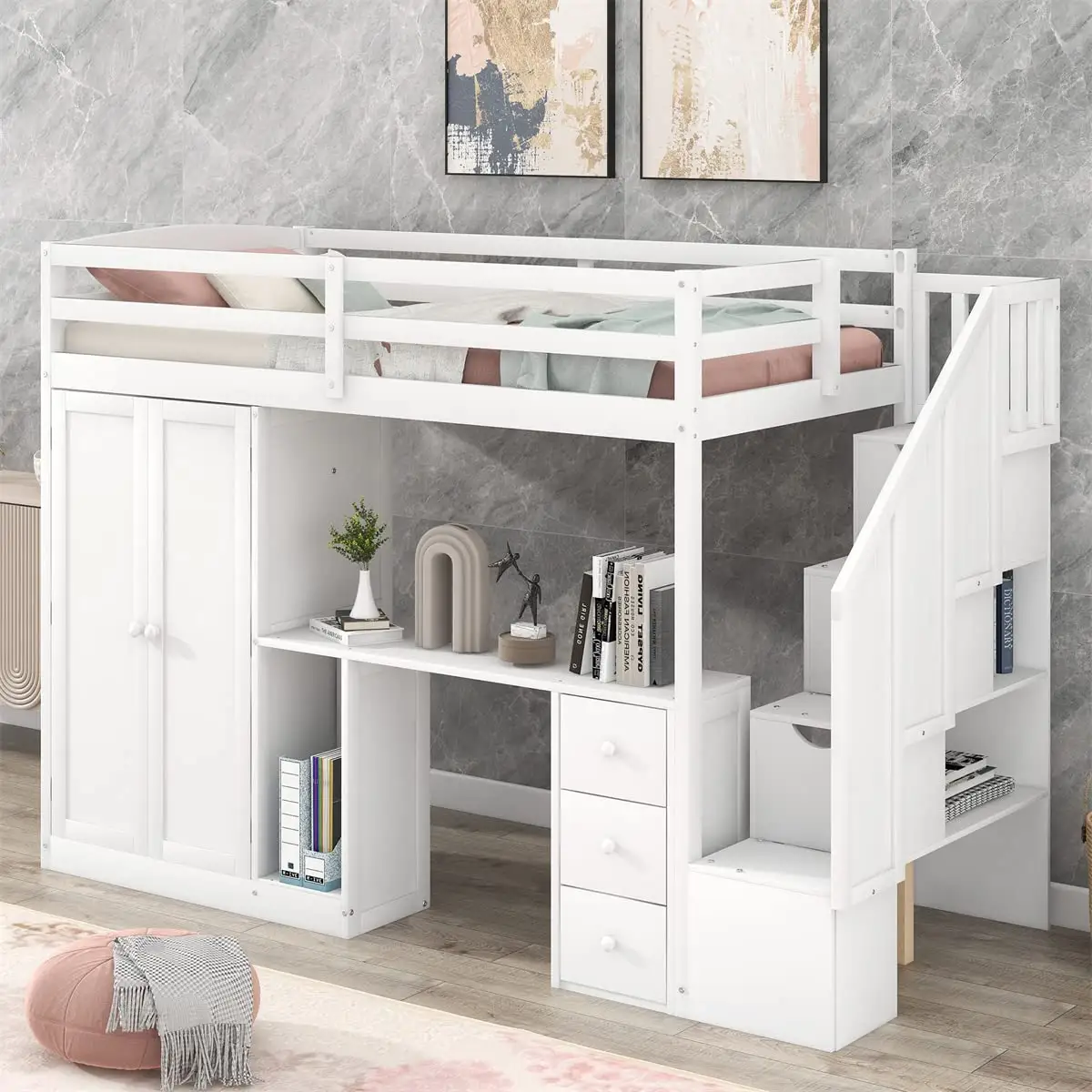 Moderne Twin Size Loft Bed Met Kledingkast En Trap Voor Jongens En Meisjes