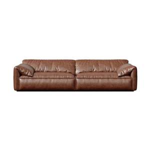 French Retro Elephant Ear <b>Leather</b> <b>Sofa</b> Brown Vintage Style One Line Upholstered Living Room <b>Sofa</b> - Product Image 5