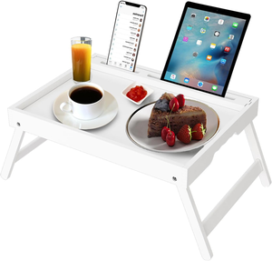 Table de chevet pliable en bambou blanc, bureau pour ordinateur portable, plateau de service pour aliments, table de petit-déjeuner avec poignées et pieds réglables - Product Image 1
