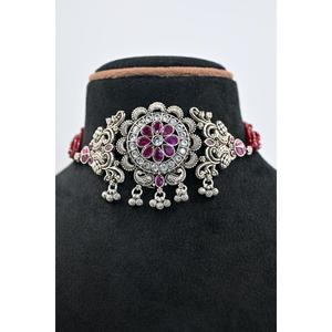 Oxidised Chik Set <b>Silver</b> <b>Choker</b> Necklace With Red Beads And Cubic Zirconia Flower Design For Women Wedding Jewelry - Product Image 1