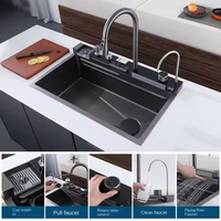 Évier de cuisine moderne en acier inoxydable brossé noir, fait main, avec cascade LED, cuve unique, compatible lave-vaisselle et robinet intelligent, OEM/ODM