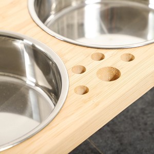 Bamboo Pet Food <b>Bowl</b> <b>Stand</b> 39.5x19.5x10.5cm Elevated Stainless Steel Double <b>Bowl</b> For <b>Dogs</b> Cats - Product Image 3