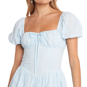 Nouvelle Robe Courte Femme Style Vintage Français Col Carré Manches Bouffantes Taille Haute Coupe Évasée en Coton Décontractée pour Vacances et Plage - Product Image 4