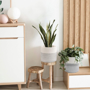Cotton Rope Woven Flower <b>Basket</b> Round White Storage Bag <b>Small</b> Potted Plant Handmade Standing Type - Product Image 2