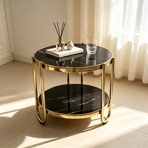 Table d'appoint ronde de luxe à 2 niveaux, plateau en pierre frittée noire, structure en métal doré, pour la maison, le salon, l'hôtel, table d'appoint de canapé - Product Image 1