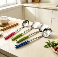 Ustensiles de cuisine colorés avec manche en ABS, en acier inoxydable 201 poli miroir : Louche, Cuillère ajourée, Spatule, Écumoire pour la cuisine domestique