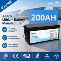 Batterie au lithium LiFePO4 Anern 12V 200Ah à longue durée de vie, pack de batteries solaires pour système de stockage d'énergie solaire domestique