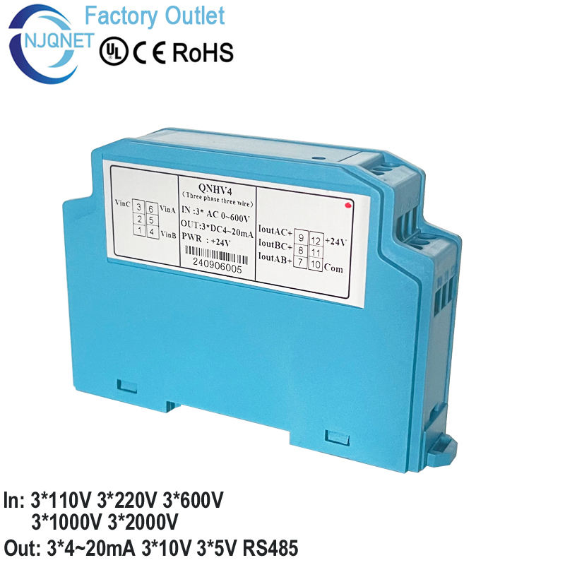 Hall Effect AC DC Voltage Transducer QNHV3 Input 100mV 5V 10V 50V 100V 500V 1000V Output 4-20mA RS485 0-10V 0-5V Voltage Sensor