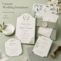 Ensemble d'invitations de mariage personnalisées avec bordure en arche vintage, design feuille aquarelle vert sauge doux, avec cartes RSVP et de détails assorties