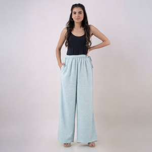Pantalon palazzo bleu clair en coton Khadi fait main, teint en fil, coupe large, décontracté, confortable, taille élastique - Product Image 1
