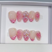 Lot de 10 faux ongles amande roses mignons faits à la main, motif pois et fleurs, à presser, style adorable