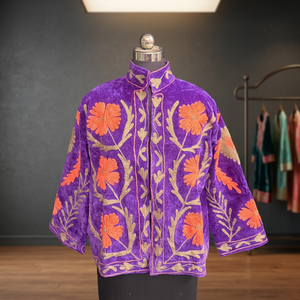 Purple Velvet Suzani <b>Embroidered</b> <b>Jacket</b> Floral Suzani Coat <b>Women</b> Boho Open Front Winter Short Kimono Ethnic Party <b>Jacket</b> - Product Image 6