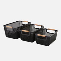 3 ensembles de paniers de rangement rectangulaires multi-usages écologiques avec poignées en plastique et en bois, style simple
