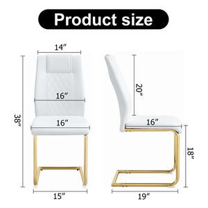 Chaise de salle à manger cantilever moderne de luxe à hauteur fixe en cuir PU blanc, pieds en forme de traîneau doré, dossier capitonné, pour mobilier de maison et événements. - Product Image 6