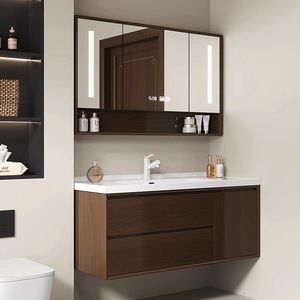 Meuble de salle de bain de style chinois moderne avec lavabo en céramique ardoise, vasque de lavage des mains et armoire miroir intelligente - Product Image 1