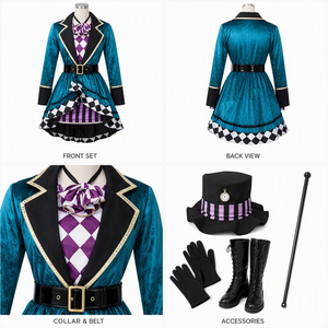 Costume de Chapeur Fou pour <span class=keywords><strong>Femme</strong></span>, Manteau en Velours Teal, Gilet à Carreaux Style Alice au Pays des Merveilles, Nœud Papillon, Jupe Rayée, Ensemble Chapeau Haut-de-forme - Product Image 4