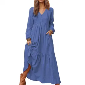 Frauen einfarbig plissiert Baumwolle Leinen Stoff Maxi kleid Langarm Lässig elegant Knopf Boho Kaftan Tunika Plus Size Kleider