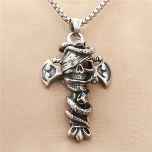 Men's Tibetan <b>Silver</b> Cross Skull Pendant With <b>Snake</b> Design Fashion Necklace 19096 - Product Image 1
