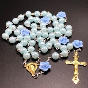 6mm bleu verre perle chapelet perle Rose fleur connecteurs doré vierge marie centre et jésus croix - Product Image 2