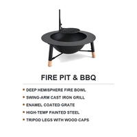 Barbecue et foyer autoportant moderne 100 cm avec bras articulé, grille en fonte, pieds trépieds en acier peint et pieds en bois, portable