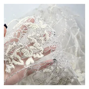 linen white mesh Suppliers-Factory wholesale white sequins pearl with glitter embroidery mesh lace fabric knitting bronzing fabric