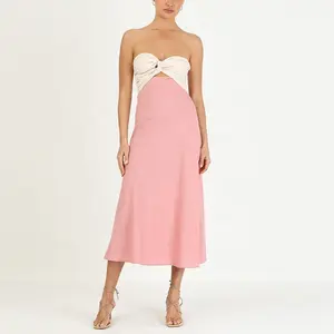 クリームガールピンク色コントラストストラップレスドレスエレガントなスリムAラインミディドレスデイリーイブニングドレス