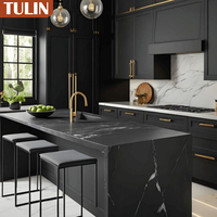 Lemari Dapur Modern dengan Pulau, Perabot Dapur dengan LED, Abu-abu Tua, Warna Kayu Hitam
